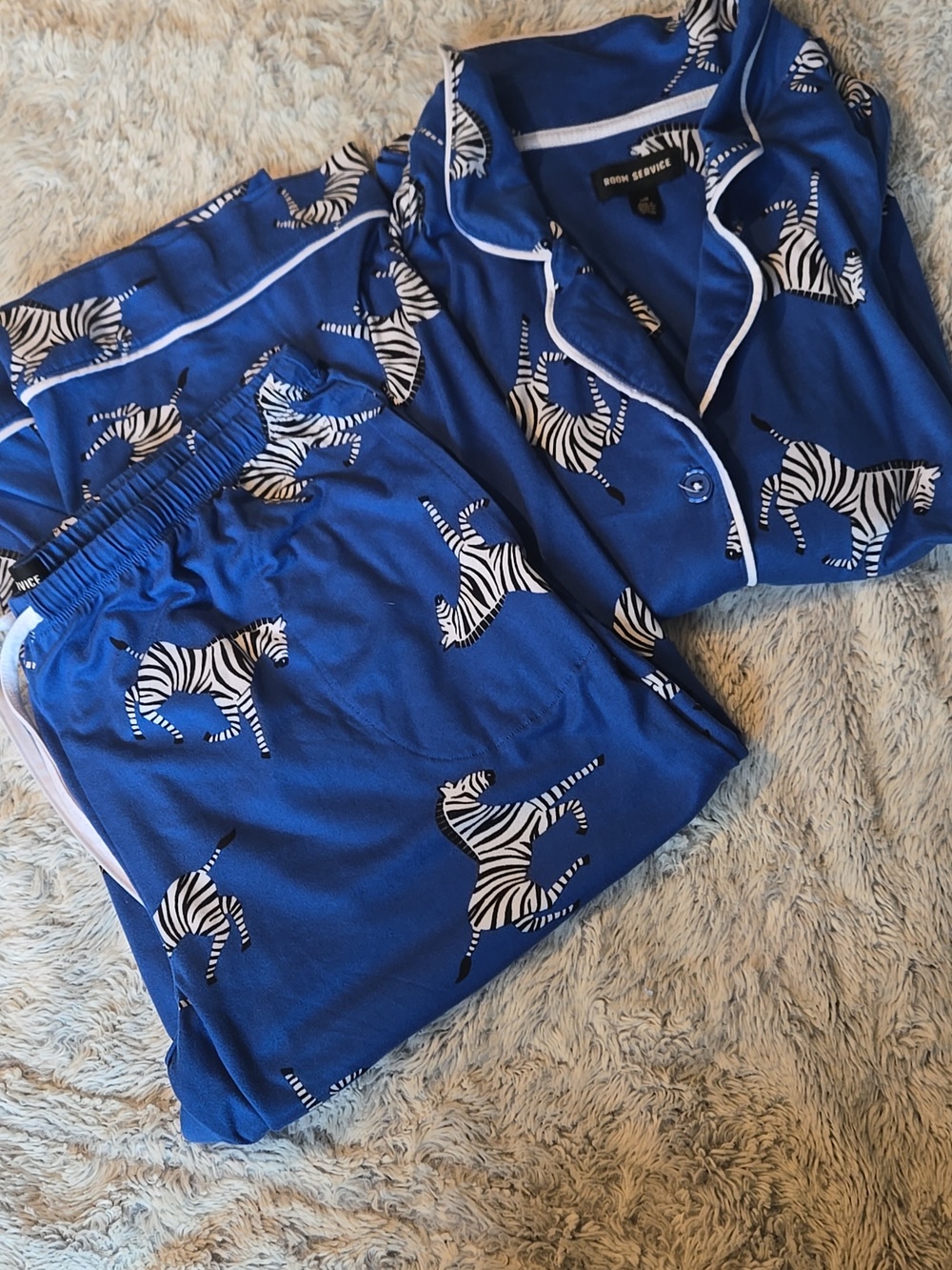 Room Service Womens Notch Collar 2pc Zebra Print Capri PJ Pajama Set Blue Size L
